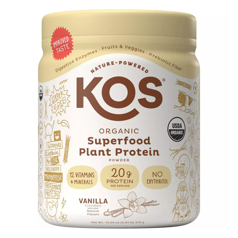 KOS Nature Powered Organic Plant Protein Powder, Vanilla Flavor, 13.05 Oz